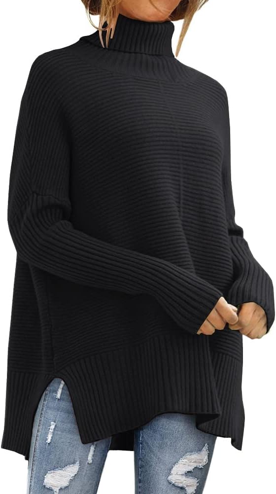 Viscose Blend Turtleneck Sweater with Side Slits