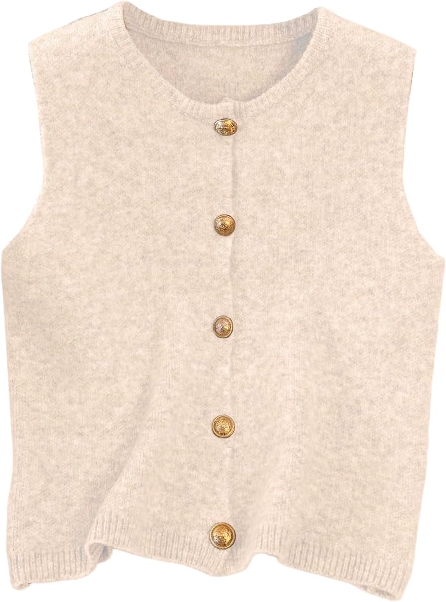 Button Up Round Neck Knit Sweater Vest – Cream