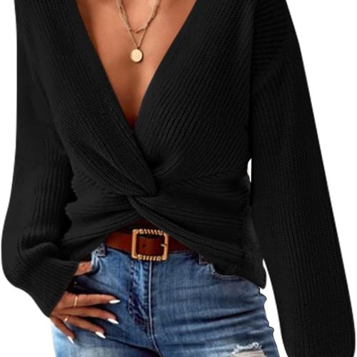 Deep V Neck Twist Crossover Asymmetric Hem Long Sleeve Sweater