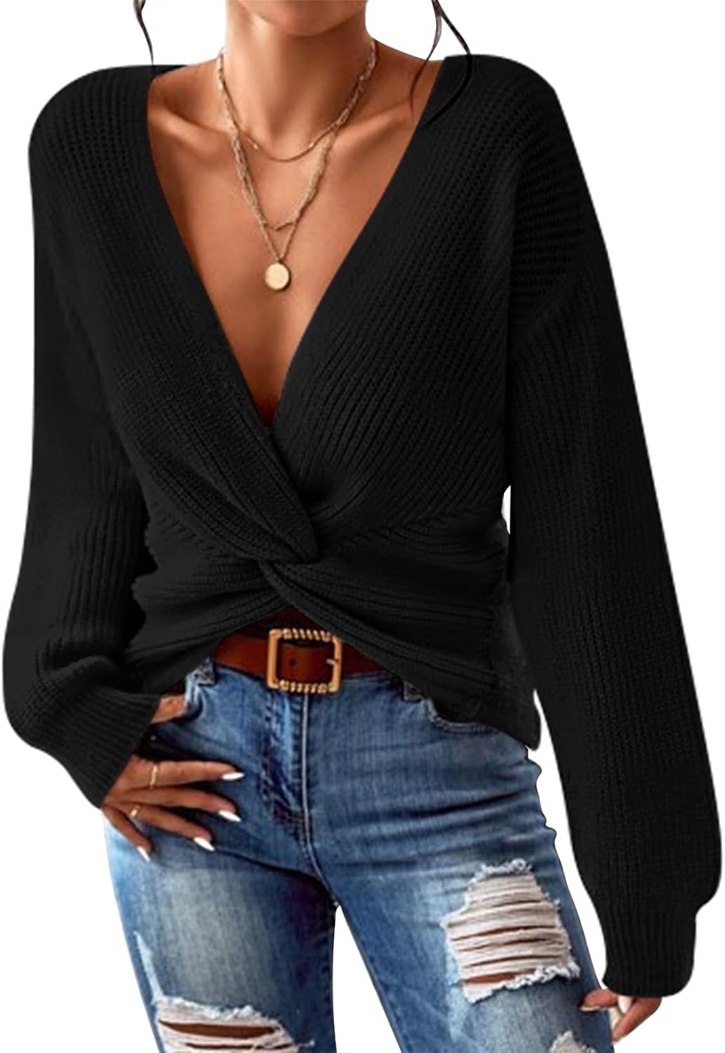 Deep V Neck Twist Crossover Asymmetric Hem Long Sleeve Sweater