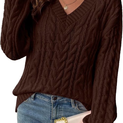 Convertible V Neck Off Shoulder Cable Knit Oversized Long Sleeve Sweater