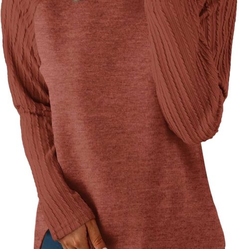 Crew Neck Curved Hem High Low Side Split Long Sleeve Tunic Sweater