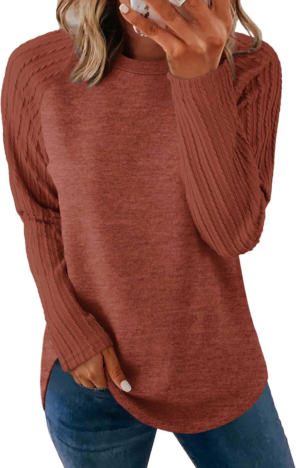 Crew Neck Curved Hem High Low Side Split Long Sleeve Tunic Sweater