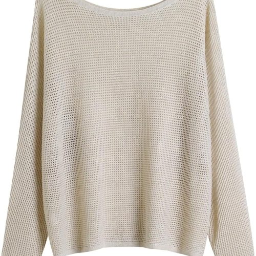 Waffle Knit Open Mesh Boat Neck Long Sleeve Pullover Sweater