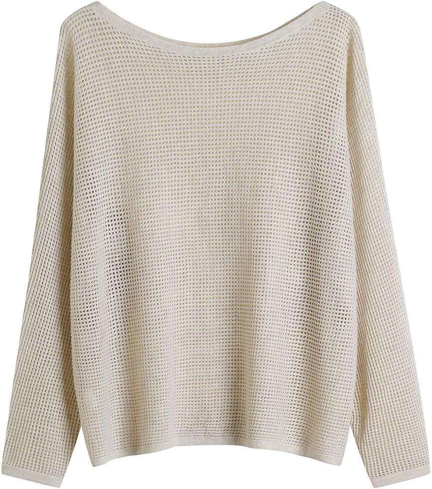 Waffle Knit Open Mesh Boat Neck Long Sleeve Pullover Sweater