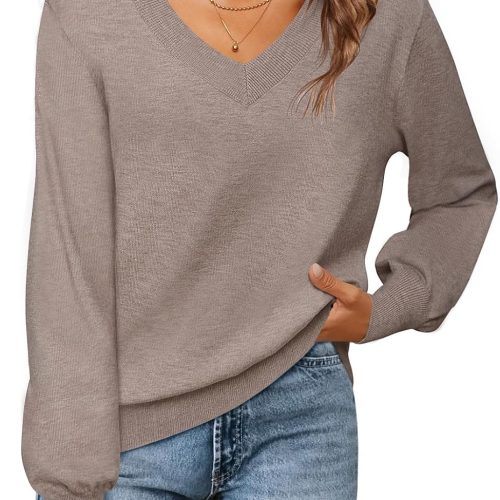 V Neck Drop Shoulder Ribbed Cuff Lantern Long Sleeve Knit Sweater