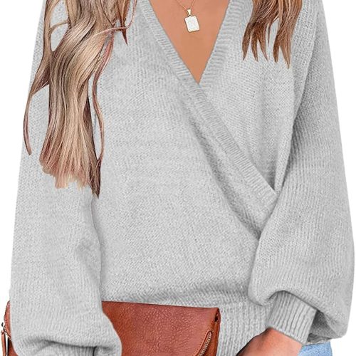 Deep V Neck Faux Wrap Puff Sleeve Oversized Long Sleeve Sweater