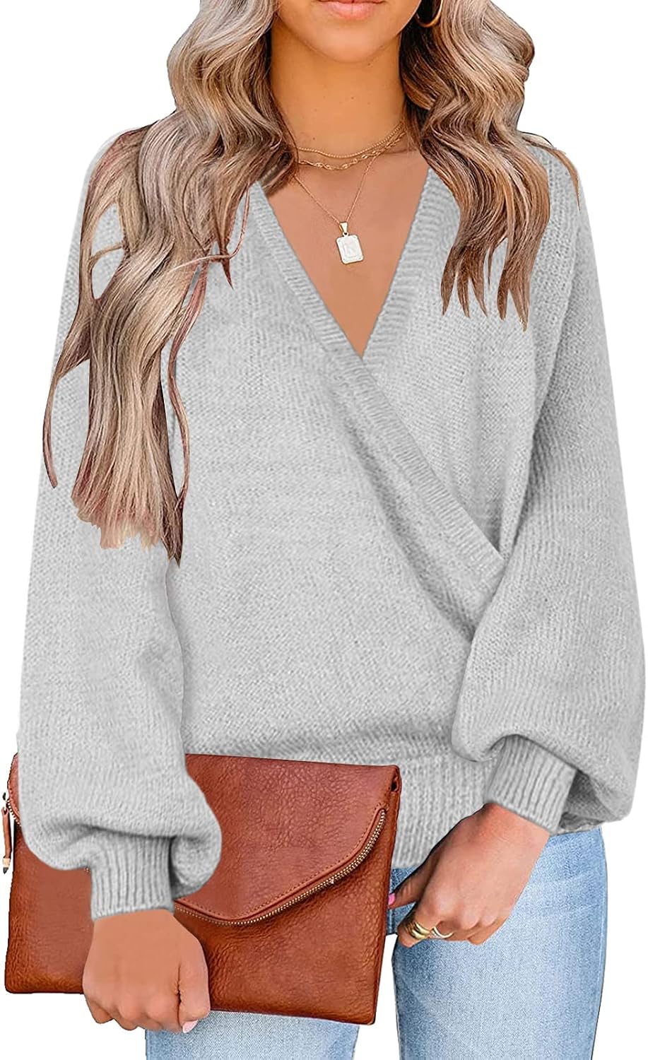 Deep V Neck Faux Wrap Puff Sleeve Oversized Long Sleeve Sweater