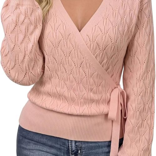 V Neck Wrap Look Side Tie High Elasticity Long Sleeve Sweater