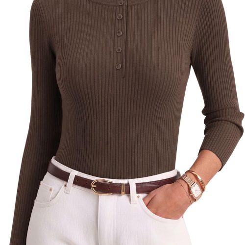 Henley Button Front Crew Neck Ribbed Knit Long Sleeve Sweater