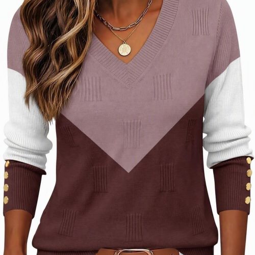 V Neck Ribbed Knit Button Cuff Long Sleeve Sweater