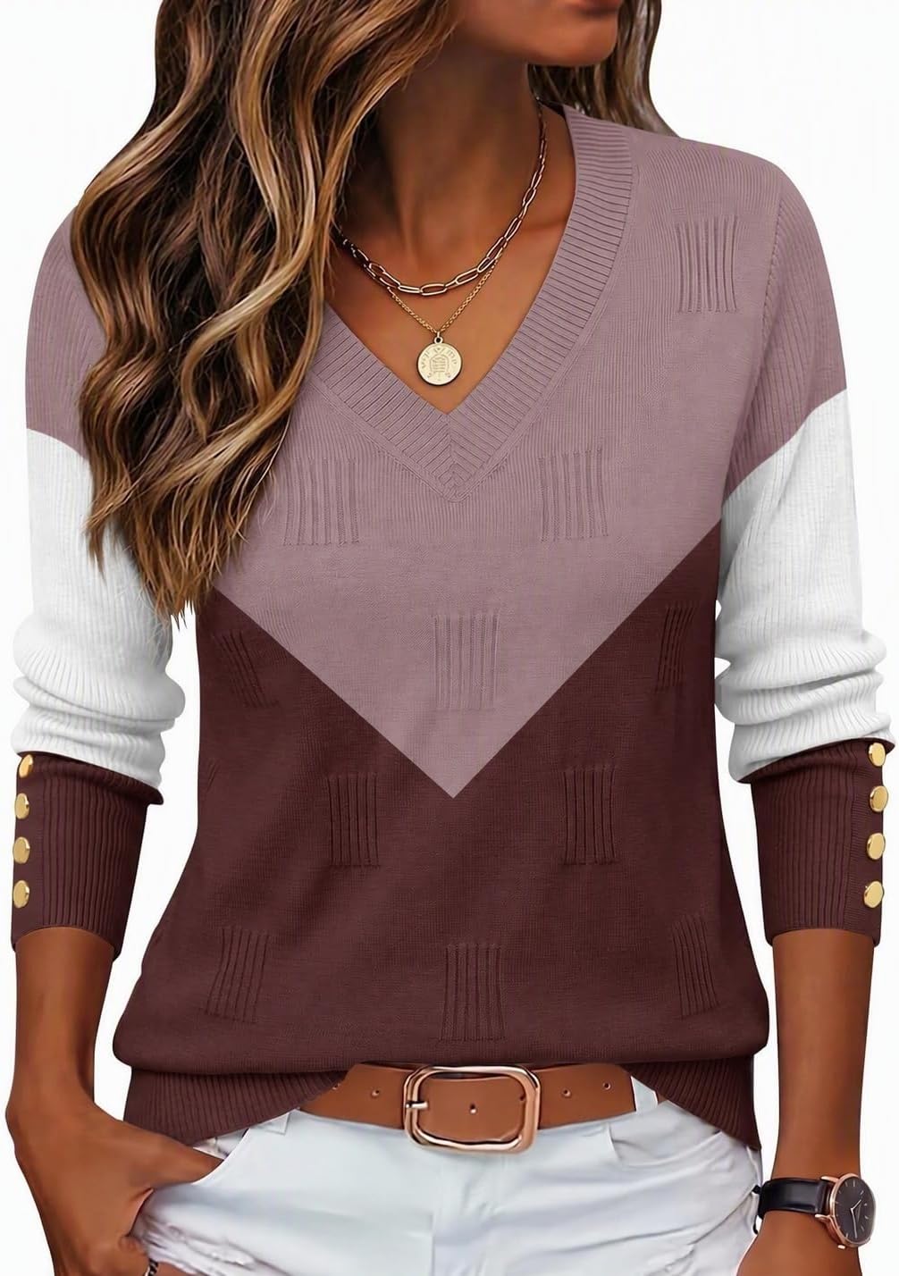 V Neck Ribbed Knit Button Cuff Long Sleeve Sweater