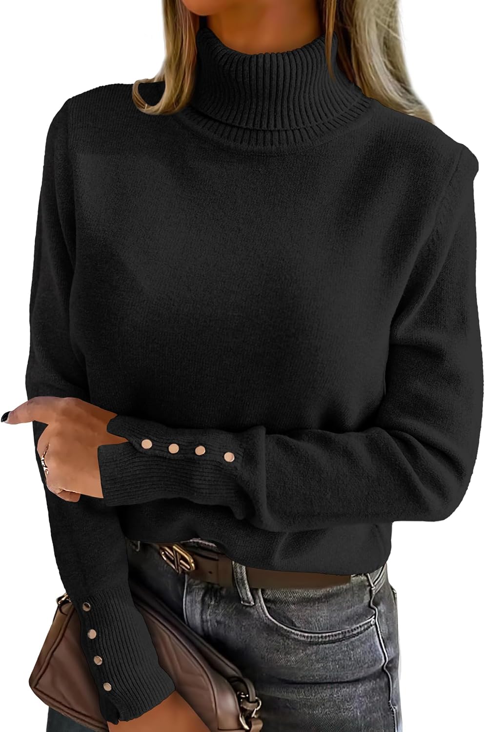 Turtleneck Pullover with Button Cuffs