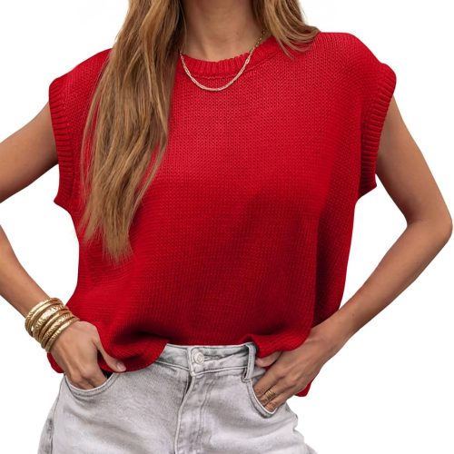 Cap Sleeve Crew Neck Knit Tank Top – Red