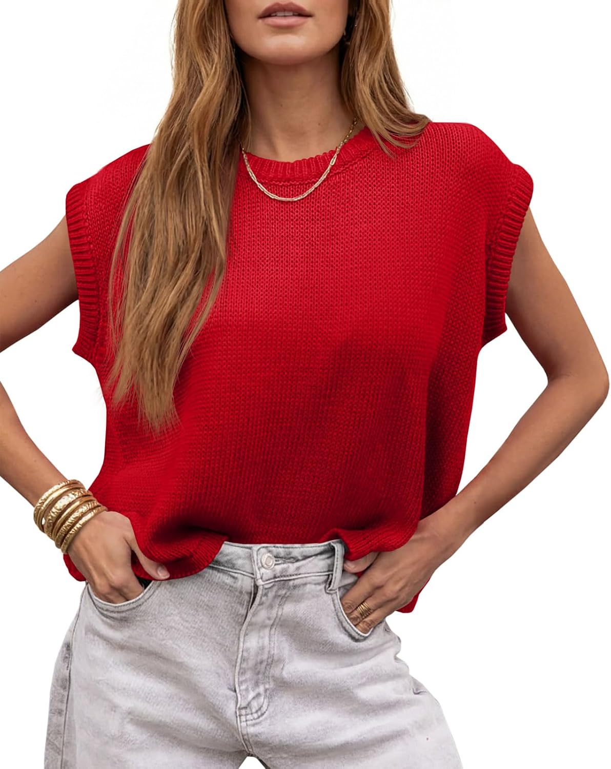 Cap Sleeve Crew Neck Knit Tank Top – Red