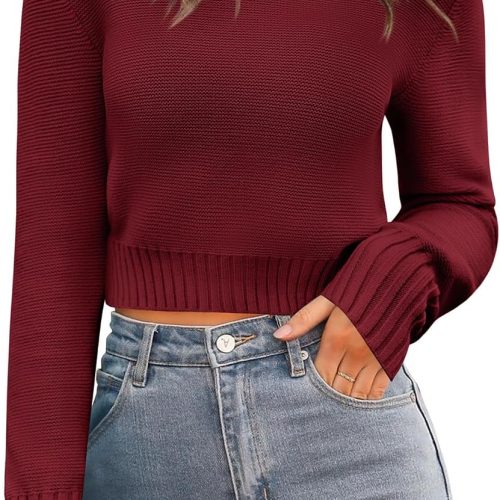 Crew Neck Ribbed Knit Cropped Long Sleeve Sweater