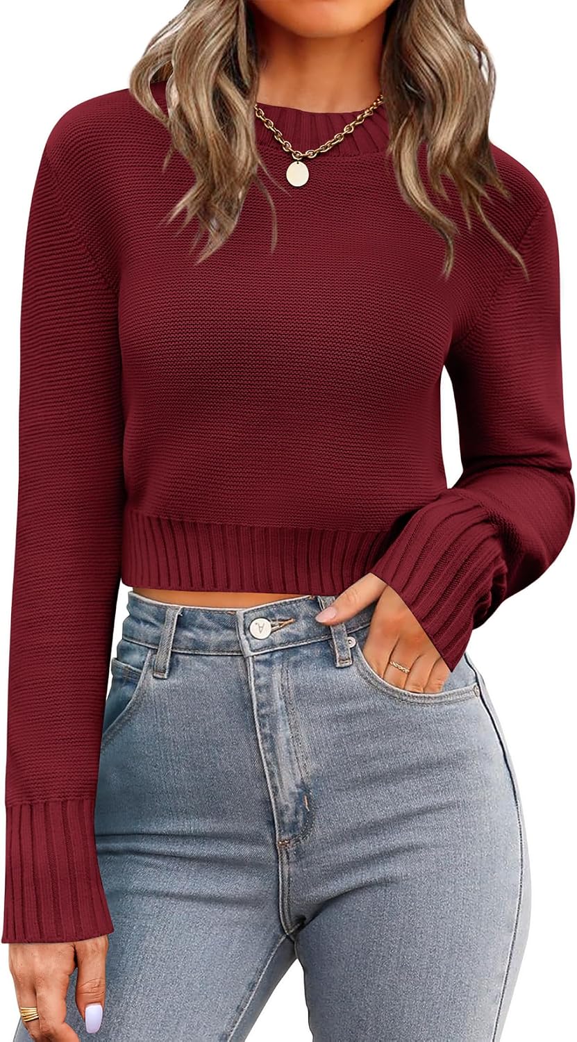 Crew Neck Ribbed Knit Cropped Long Sleeve Sweater