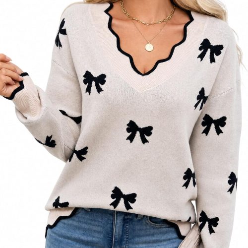 Scalloped V Neck Knit Cuff Regular Fit Long Sleeve Sweater