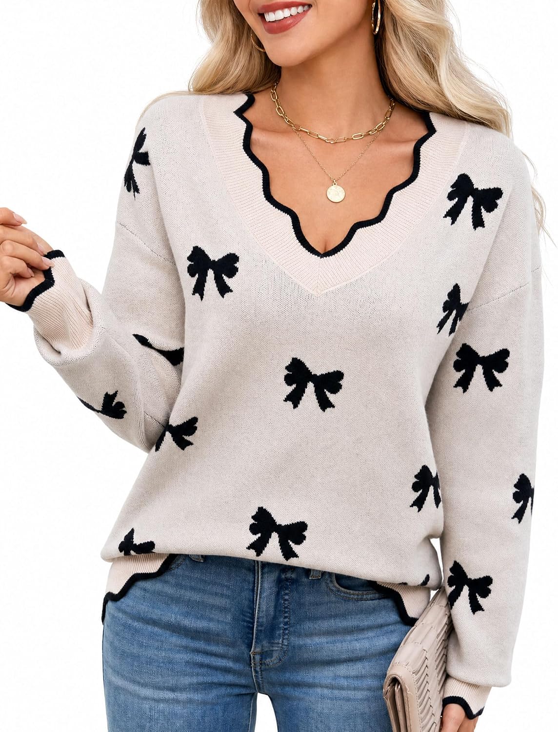 Scalloped V Neck Knit Cuff Regular Fit Long Sleeve Sweater