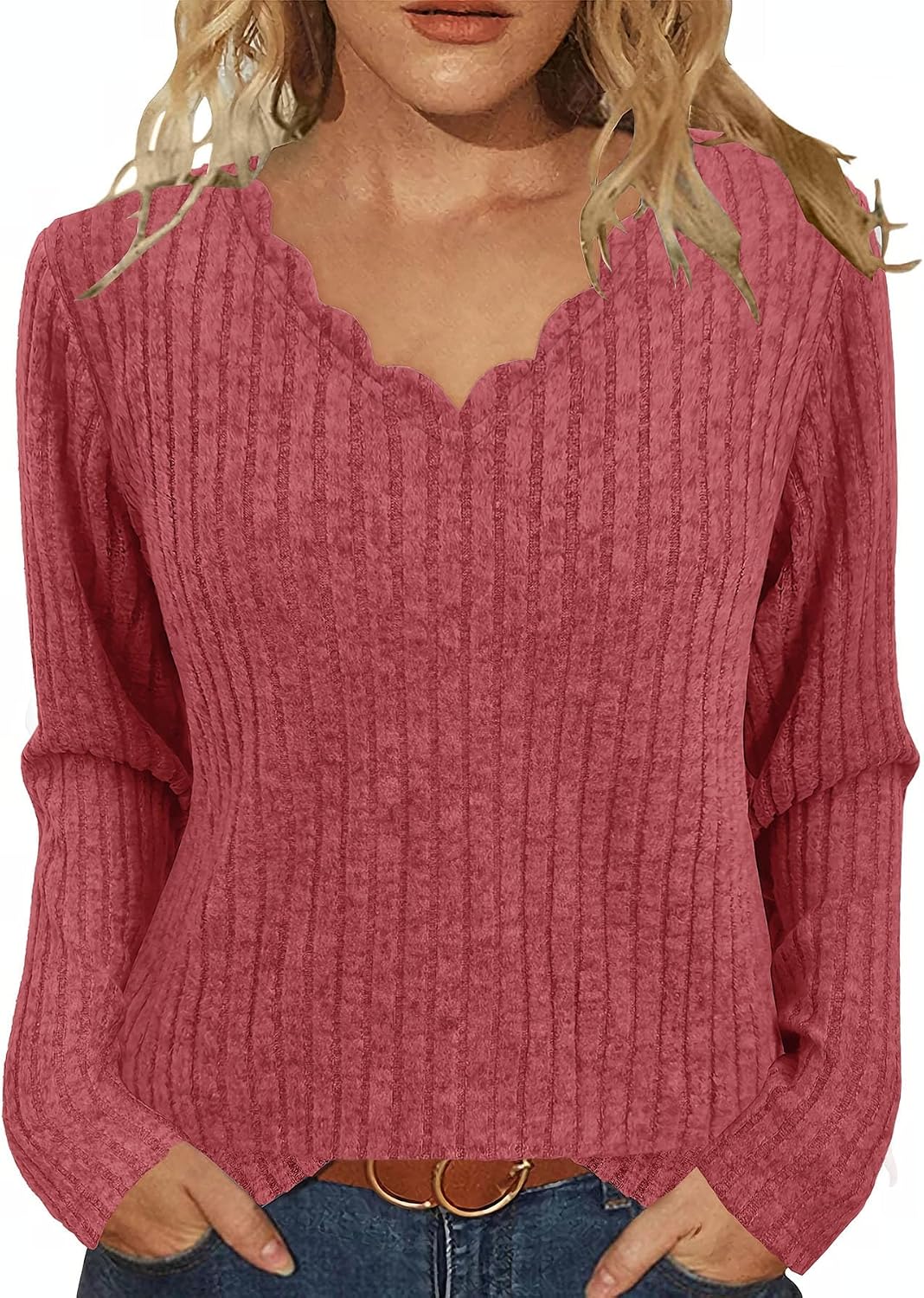 Petal Edge V Neck Soft Knit Long Sleeve Sweater