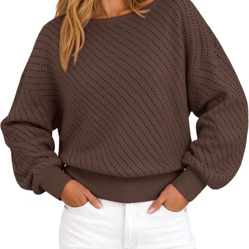 Boat Neck Drop Shoulder Balloon Sleeve Pointelle Long Sleeve Sweater