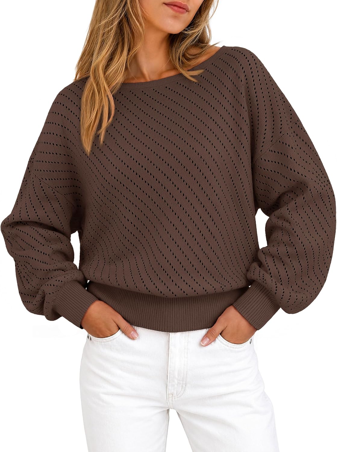 Boat Neck Drop Shoulder Balloon Sleeve Pointelle Long Sleeve Sweater
