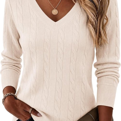 V Neck Cable Knit Lightweight Long Sleeve Sweater