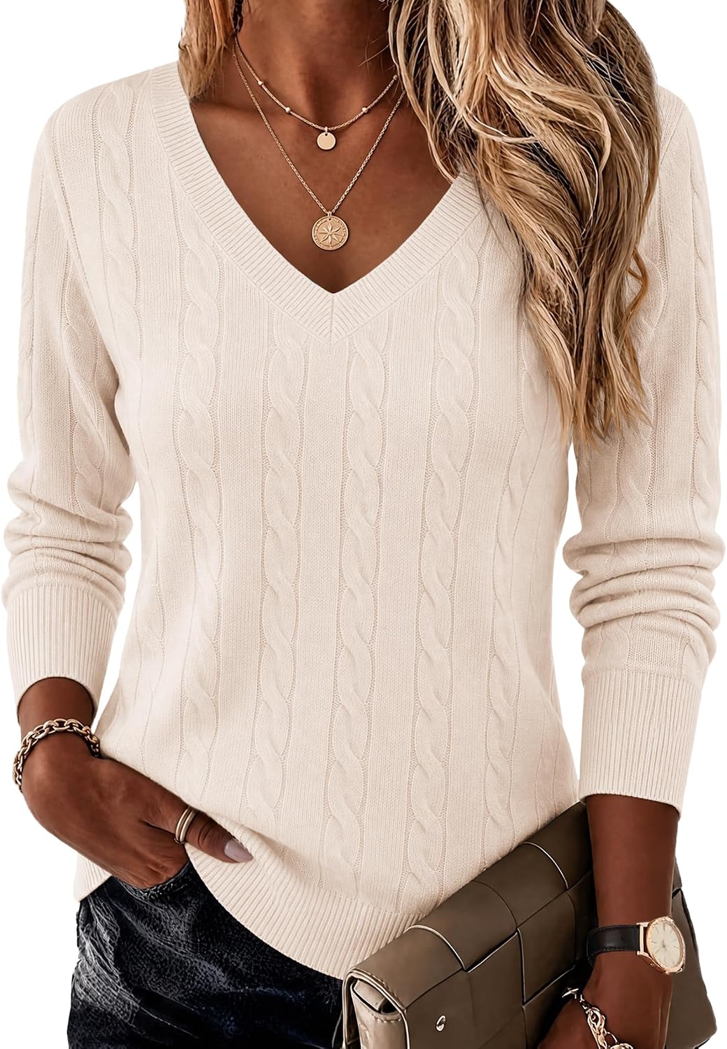 V Neck Cable Knit Lightweight Long Sleeve Sweater