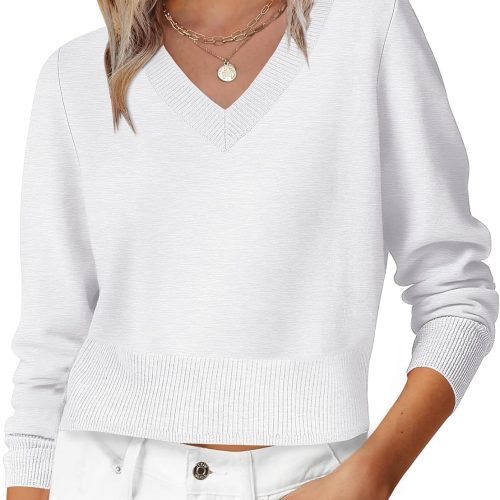 V Neck Cropped Lightweight Long Sleeve Knit Sweater