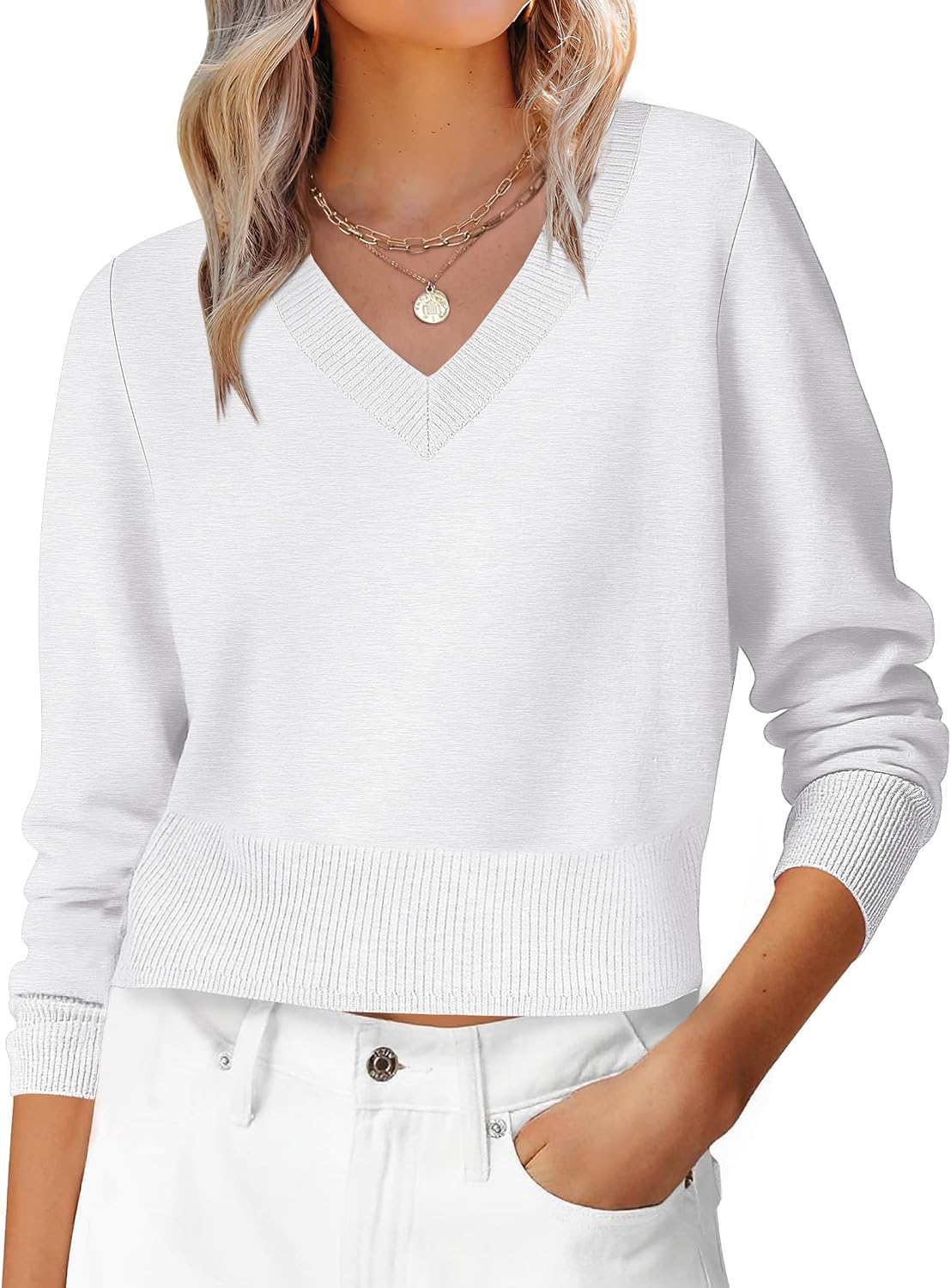 V Neck Cropped Lightweight Long Sleeve Knit Sweater