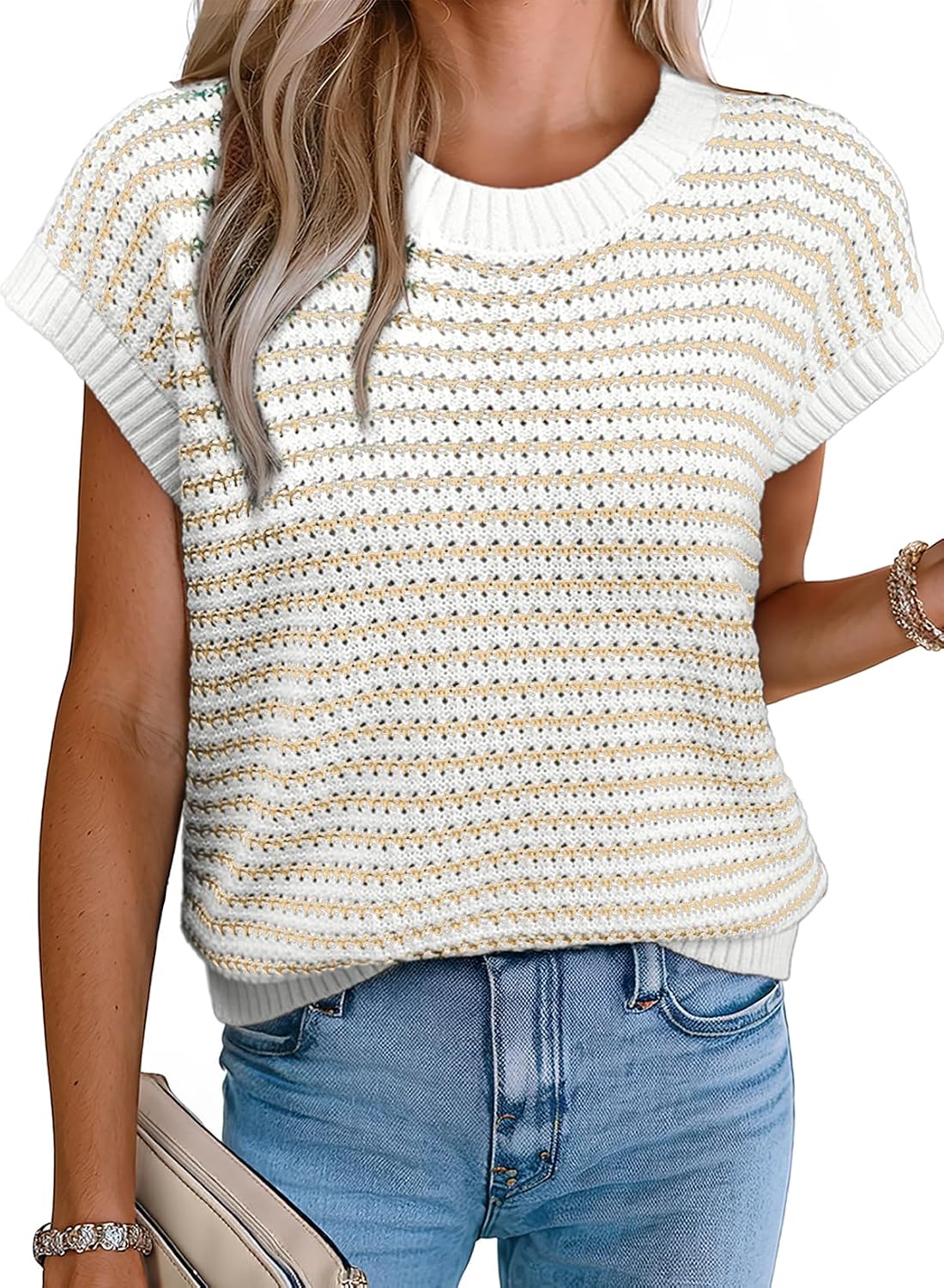 Striped Crewneck Cap Sleeve Knit Vest