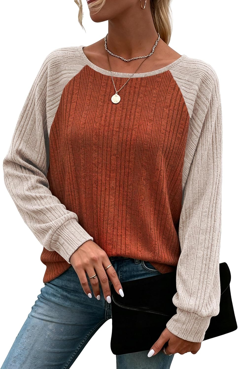 Crew Neck Batwing Long Sleeve Soft Knit Sweater