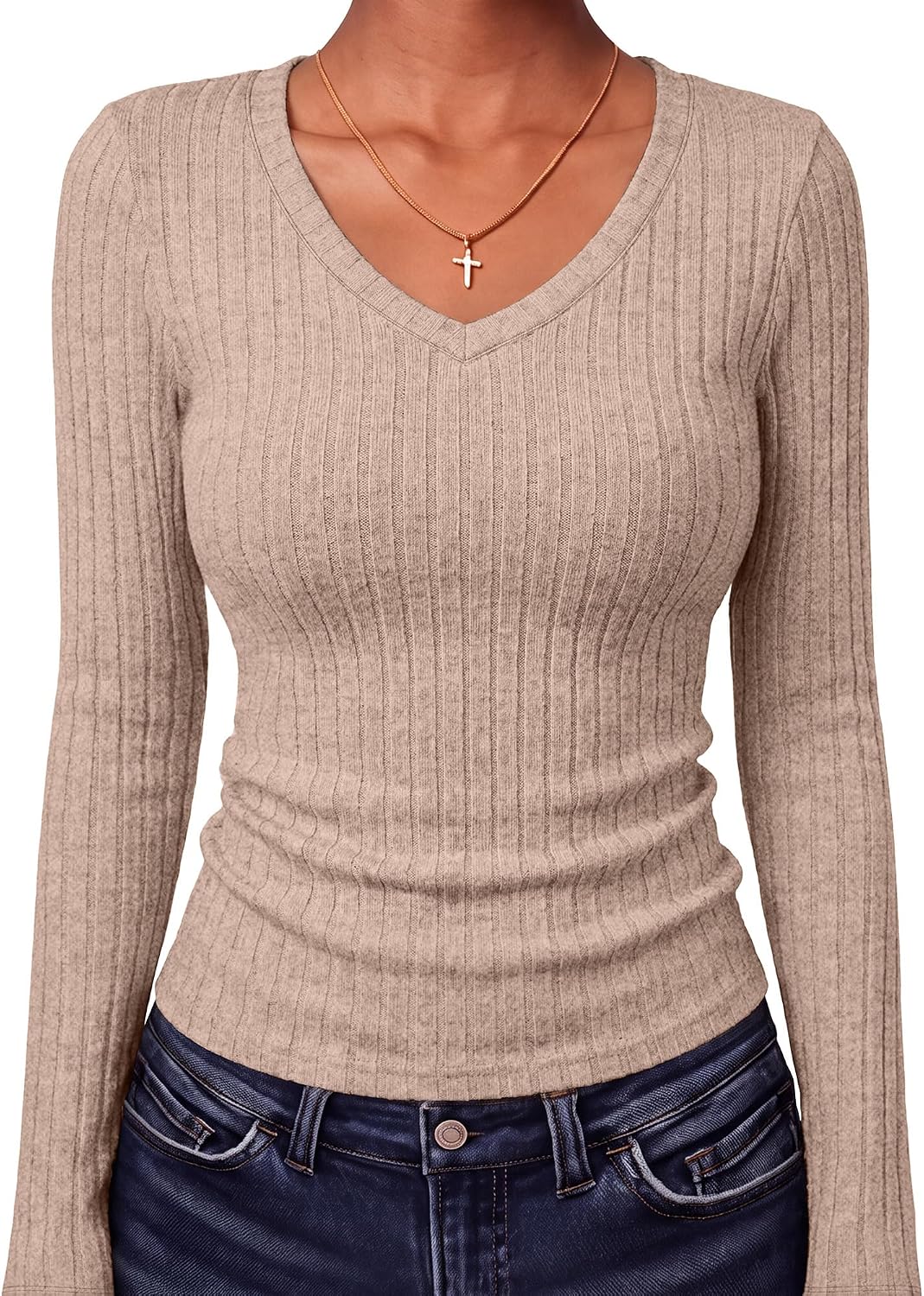 V Neck Lightweight Casual Long Sleeve Knit Sweater
