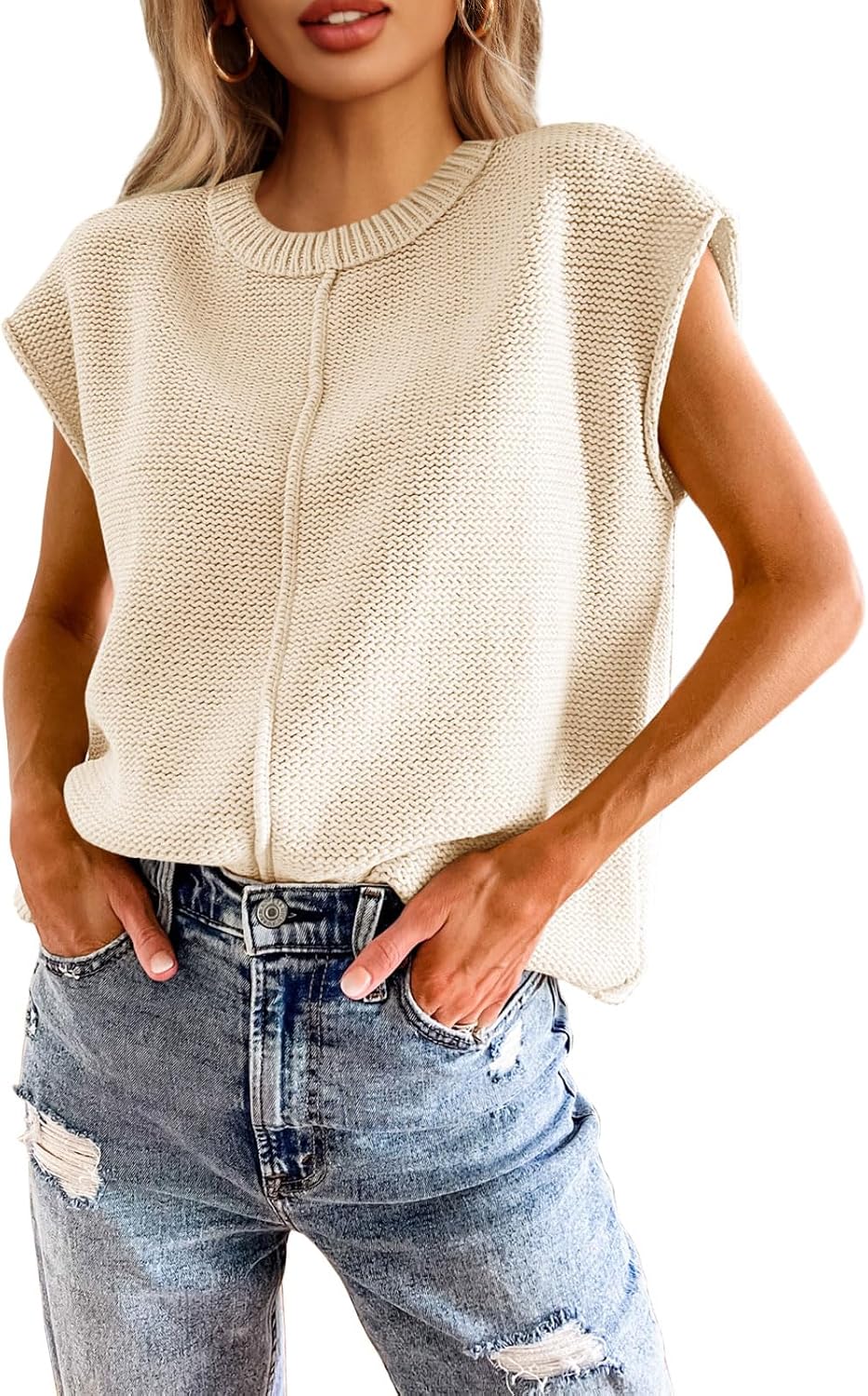 Cap Sleeve Crew Neck Knit Tank Top – Cream