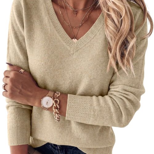 Pointelle V Neck Wool Blend Textured Collar Long Sleeve Sweater