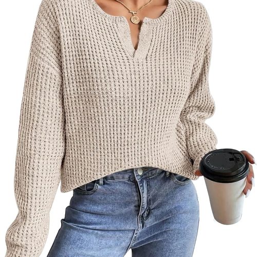 V Neck Drop Shoulder Loose Fit Long Sleeve Sweater Top