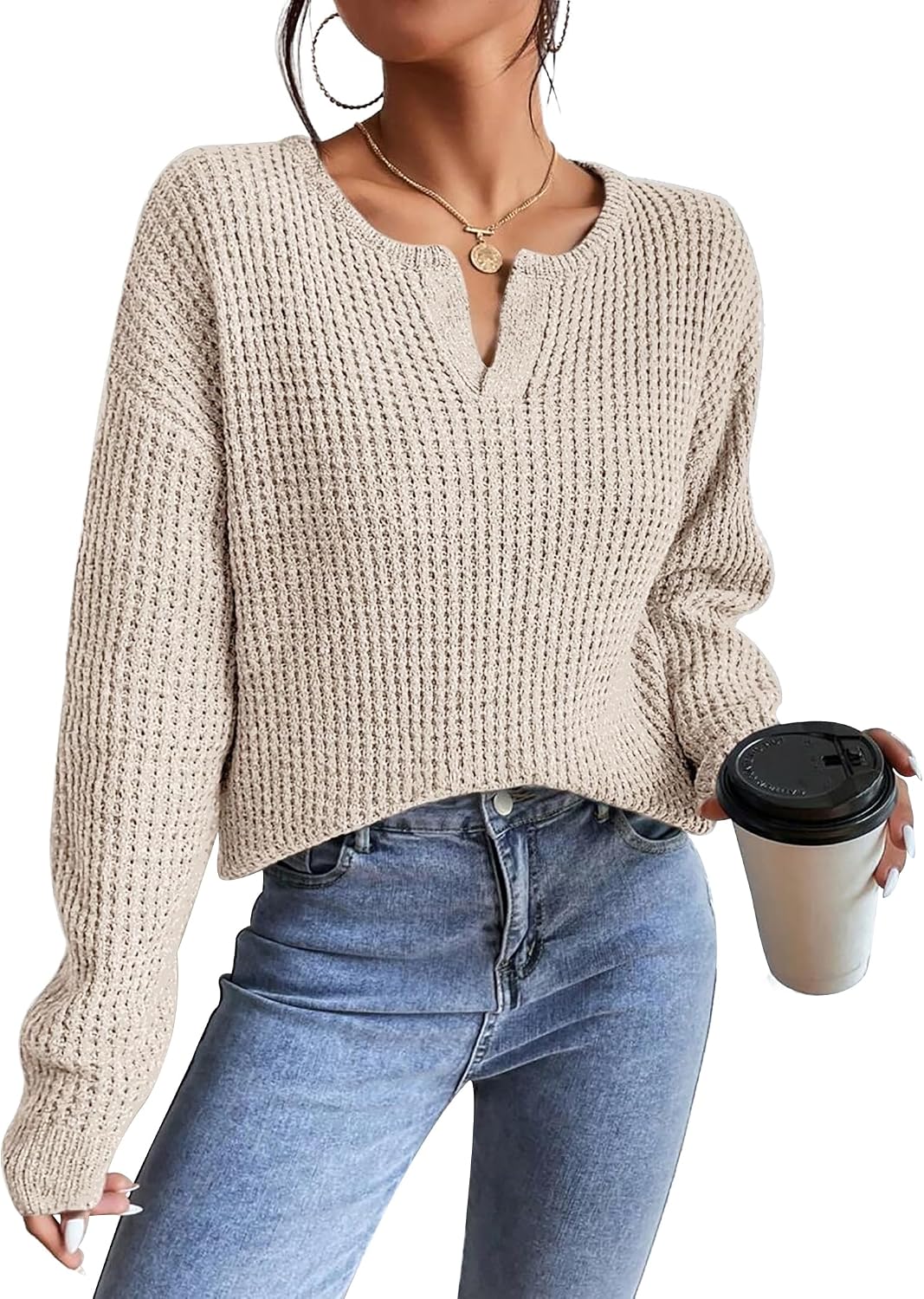 V Neck Drop Shoulder Loose Fit Long Sleeve Sweater Top