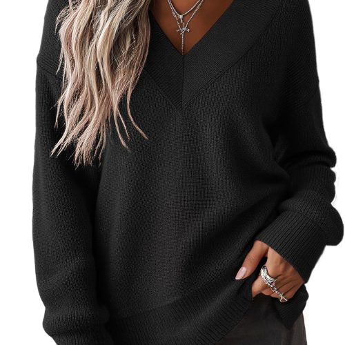 Deep V Neck Side Slit Asymmetric Hem Long Sleeve Sweater
