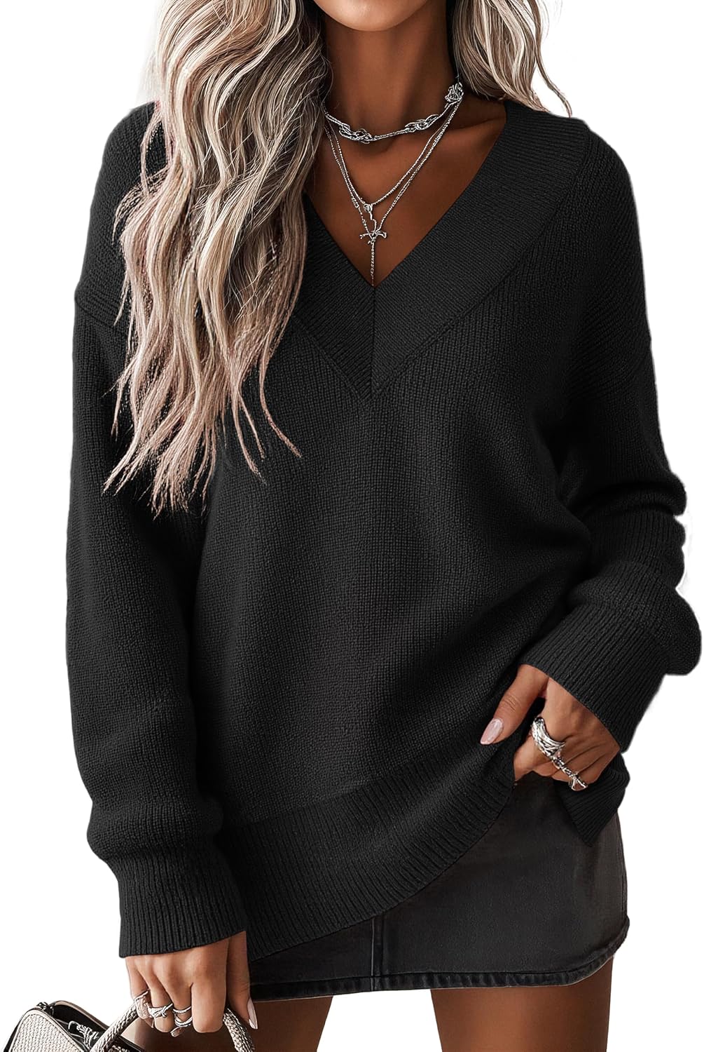Deep V Neck Side Slit Asymmetric Hem Long Sleeve Sweater
