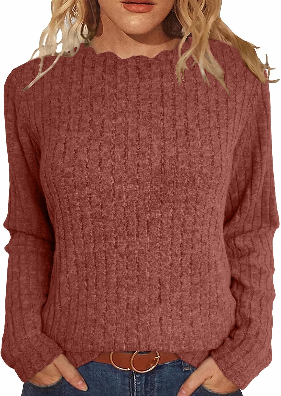 Petal Edge Round Neck Soft Knit Long Sleeve Sweater