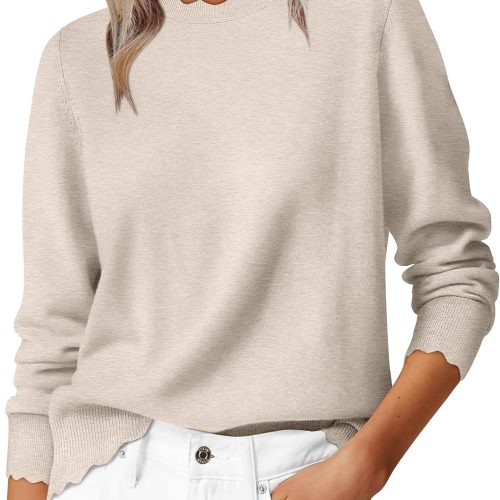 Round Neck Scallop Edge Long Blouson Sleeve Lightweight Knit Sweater