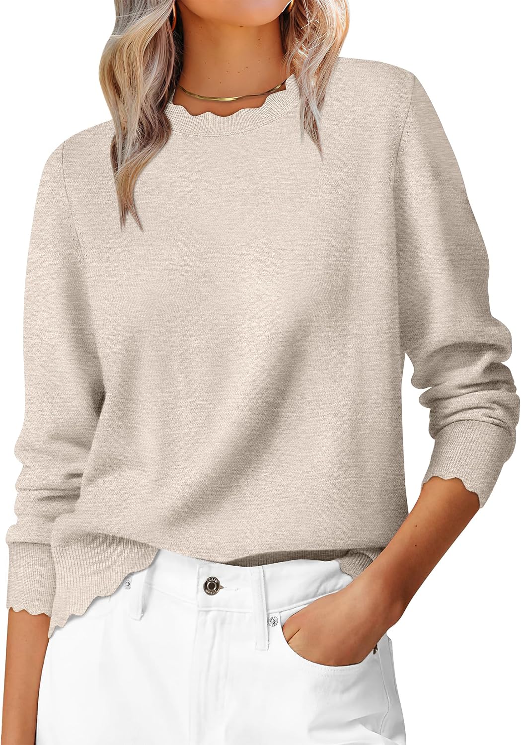 Round Neck Scallop Edge Long Blouson Sleeve Lightweight Knit Sweater