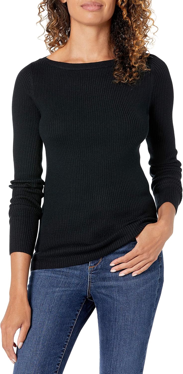Boat Neck Fine Knit Rib Slim Fit Long Sleeve Sweater